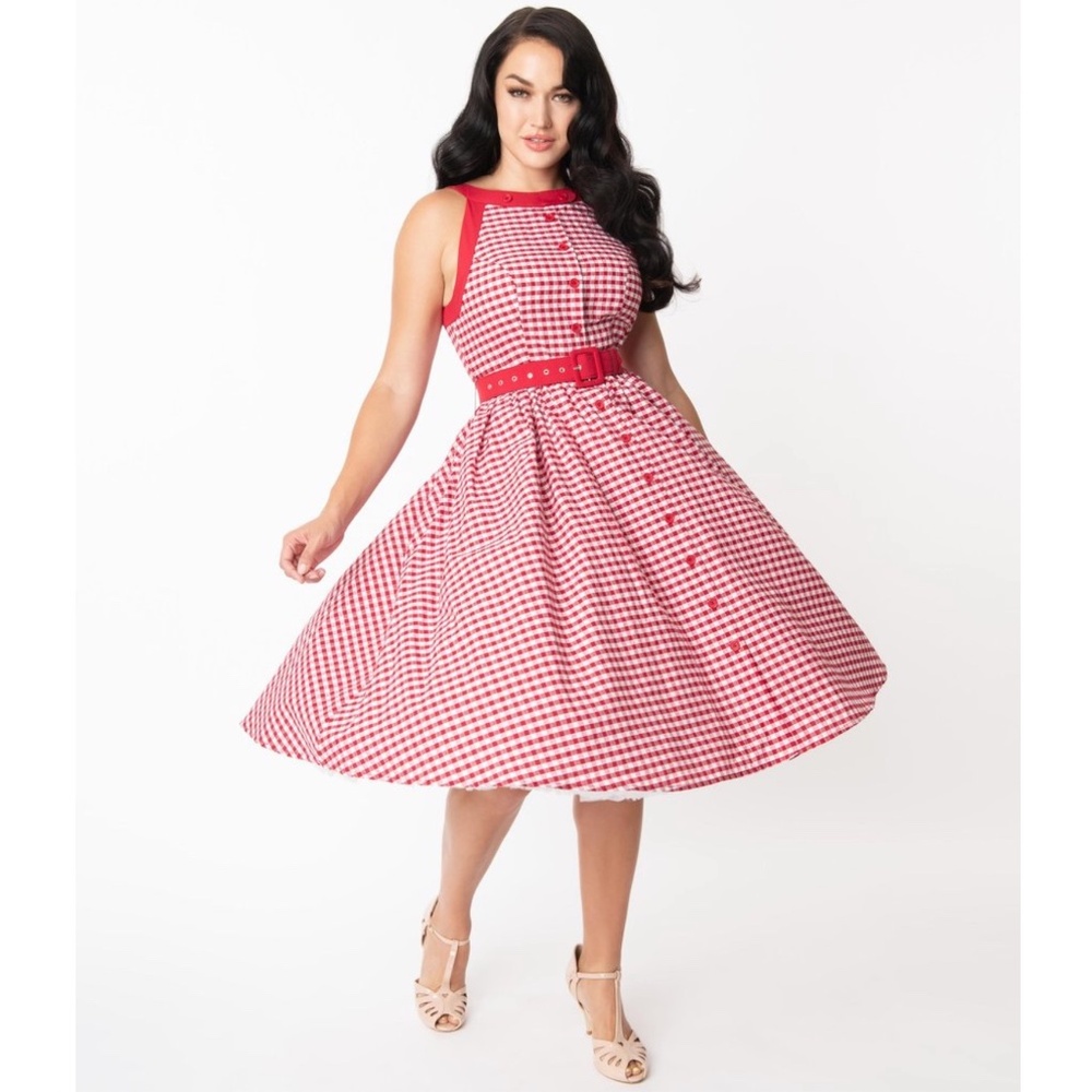 Unique Vintage Red & White Gingham Maxine Swing Dress - M/6-8